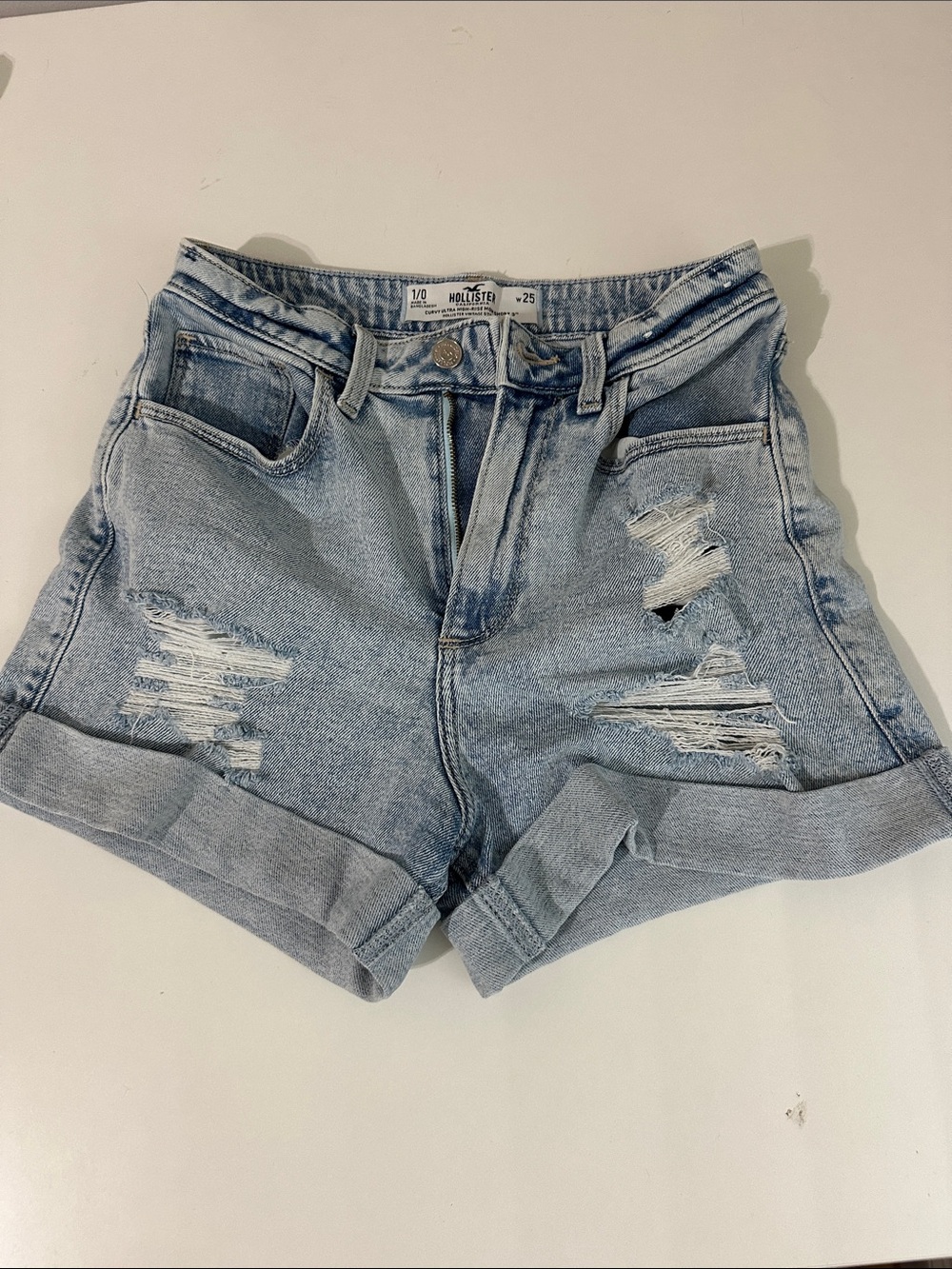 Hollister Light Wash Distressed Roll-Hem Denim Shorts - Light Blue